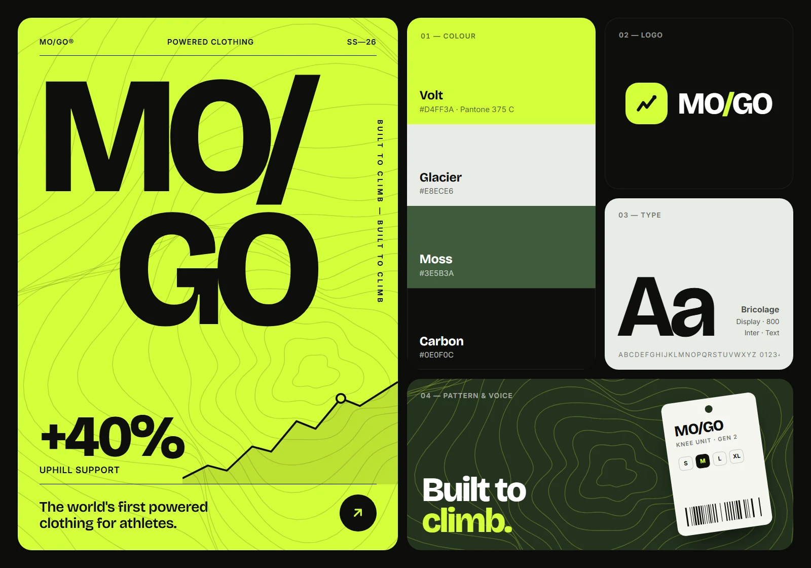 MO/GO brand identity board with poster, logo, colour palette, type and hang tag