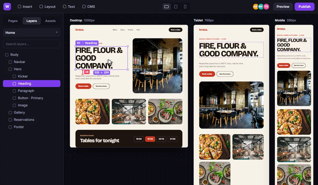 Site editor previewing desktop, tablet and mobile layouts
